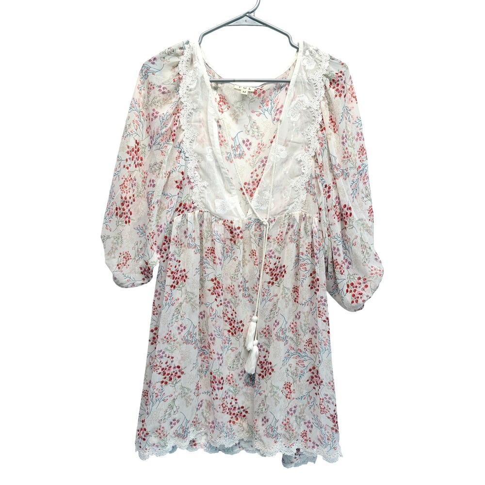 POL Meadow and Lace Boho Peasant Dress Floral Lace Trim Size M Cream Red Women